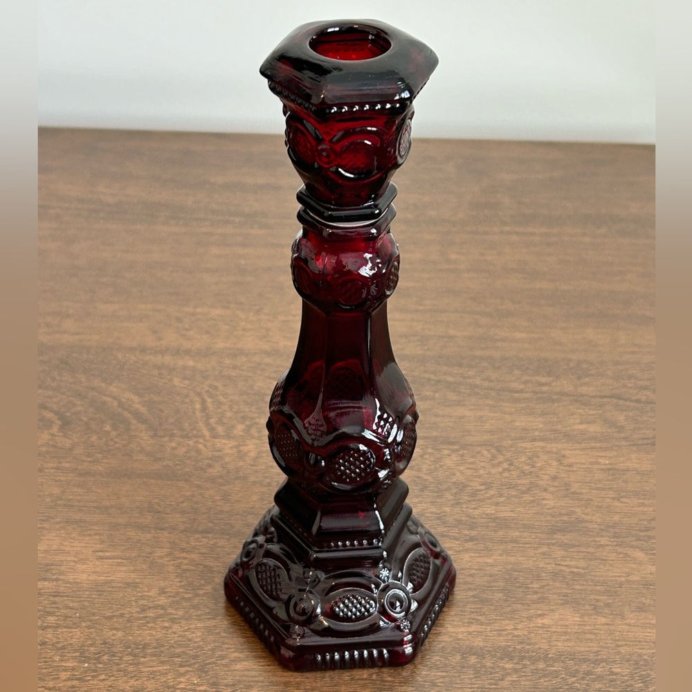 AVON 1876 CAPE COD COLLECTION RUBY RED GLASS 8.5" CANDLESTICK